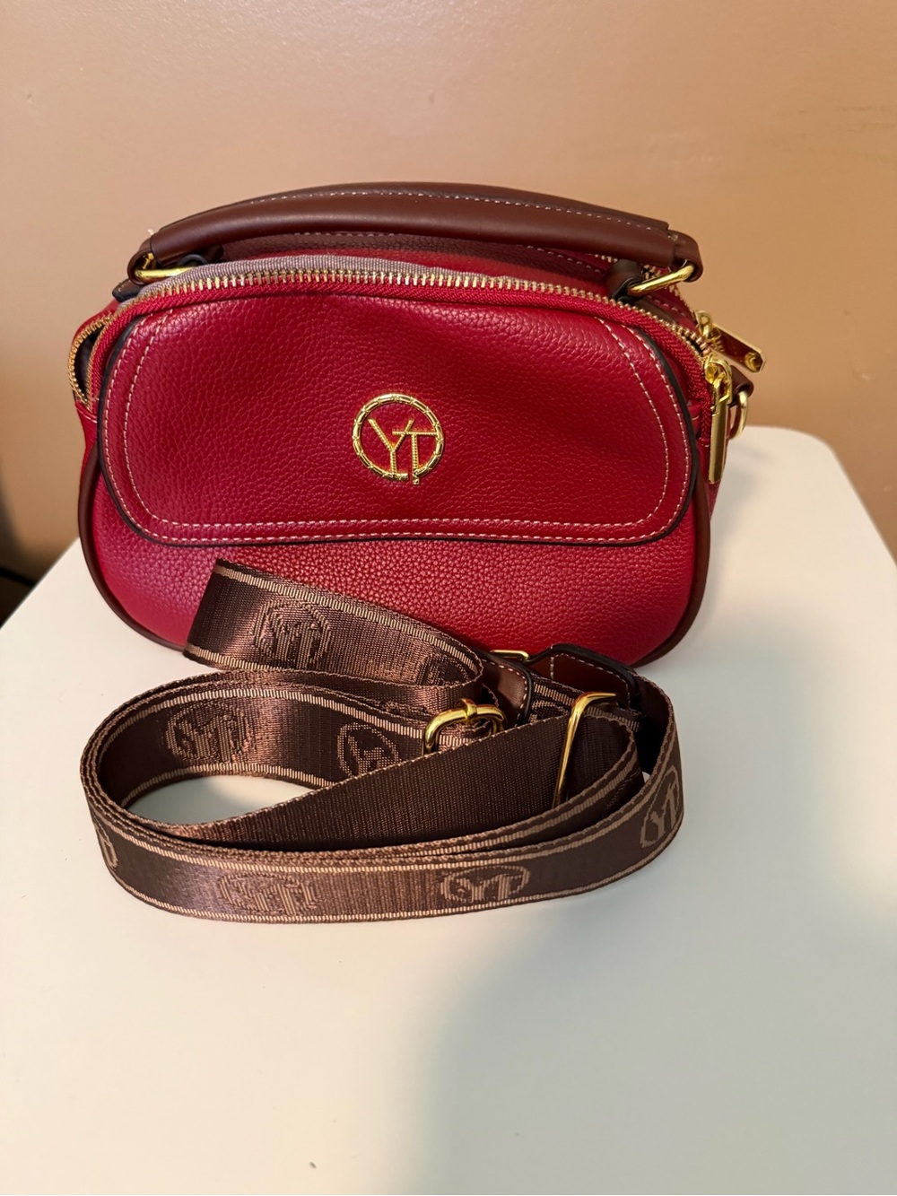 Red Leather Crossbody Bag with Brown Strap